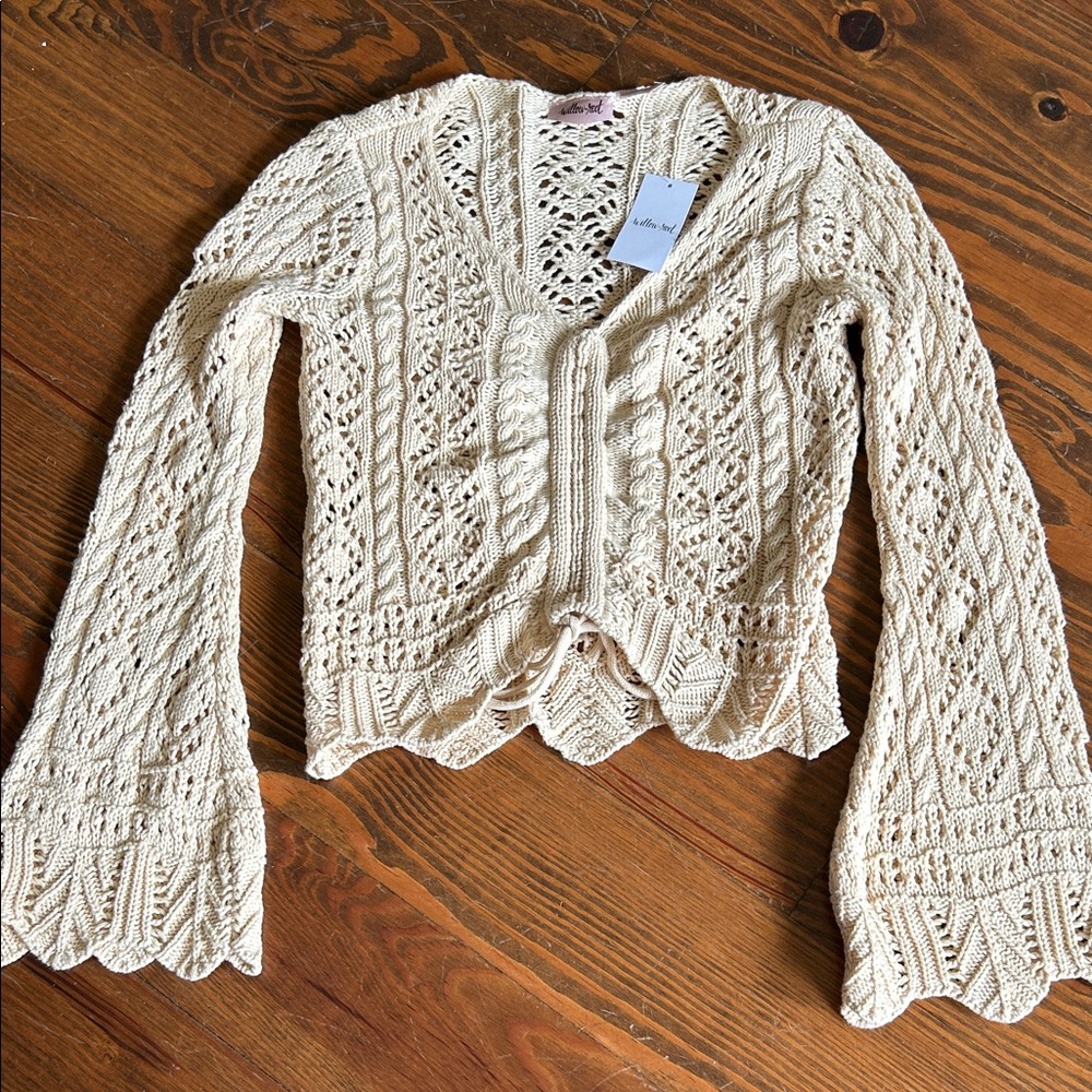 Willow & Root Cream Knit crochet tie bell sleeve sweater top XS